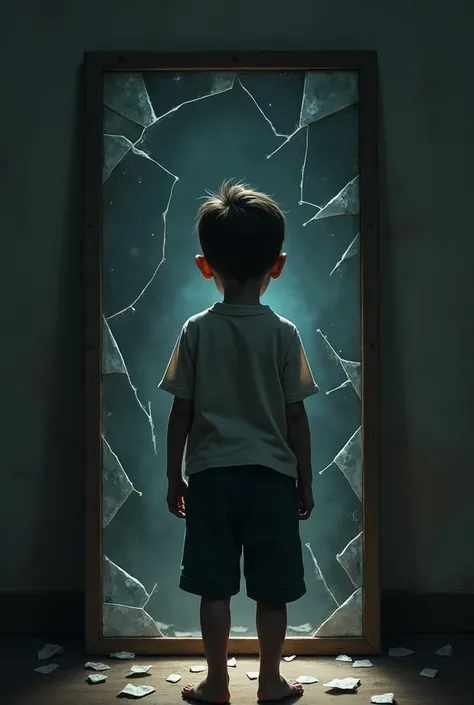 An 1 boy looking at a broken mirror which reflects his childhood traumas 