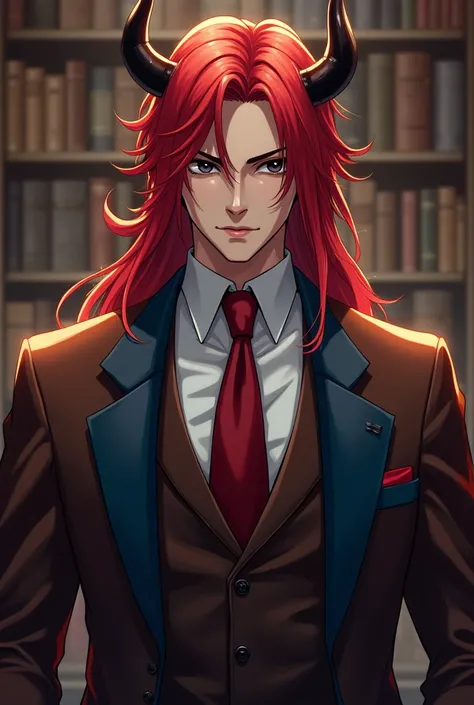 Devil handsome in brown mix with blue suit like librarian high class,long red hair,black eyes, Gaze  golden pure gold ,anime style,cold face, novel book cover style