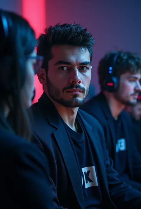 Draw a young professional PC gamer, Sitting on a stage gamer surrounded by his team about to play a competitive match. Dramatic lighting, casting deep shadows on the suit. The young man seems confident and determined, looking at the enemy with awe and resp...