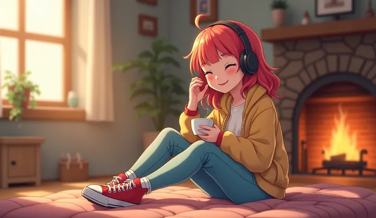 A young egirl with colored hair, listening to calm music on headphones, enjoying the music, with sexy smile, holding a cup of coffee, wearing allstar. An image that inspires calm, tranquility, lightness, simplicity, and comfort, 16:9, full hd, full body ph...