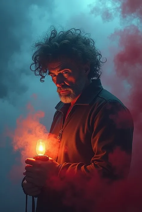 Adult man with curly hair. Red and blue fog background. holding a lamp 
