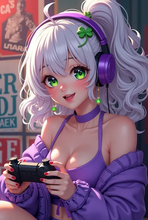 White hair, curly hair, long hair, hair spread out, clover hair ornament, star-shaped pupils, green eyes, earrings, smile, anime, playing with controller, purple gaming headset, purple cute sexy outfit, American propaganda poster, Suprematism, cinematic li...