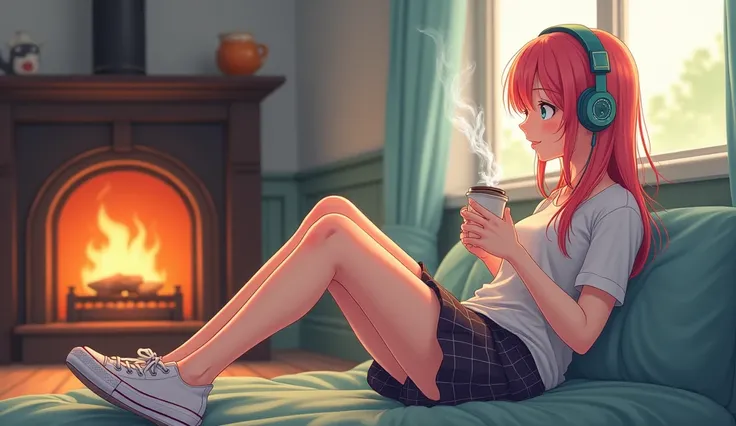 A young egirl with colored hair, listening to calm music on headphones, enjoying the music, with sexy smile, holding a cup of coffee, wearing allstar. An image that inspires calm, tranquility, lightness, simplicity, and comfort, 16:9, full hd, full body ph...