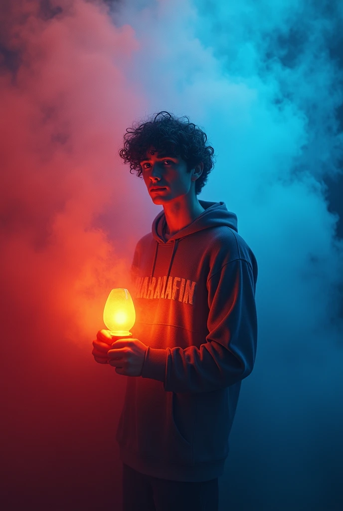 Young adult man with curly hair. Red and blue fog background. holding a lamp 
