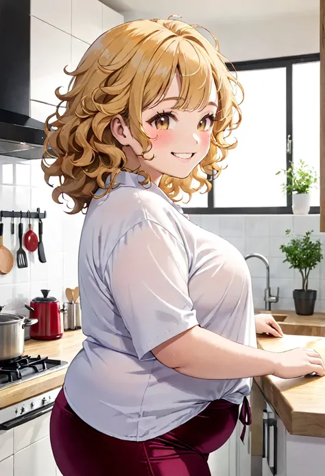 40-year-old Woman Fat girl Blond curly hair Velvet pants White shirt Kitchen Side view Smile