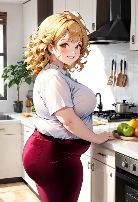 40-year-old Woman Fat girl Blond curly hair Velvet pants White shirt Kitchen Side view Smile