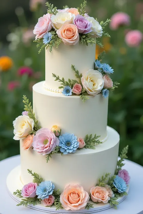 A three-tier cake in light ivory with pastel-colored flowers naturally surrounding each layer, and a flower garden-like flower on top