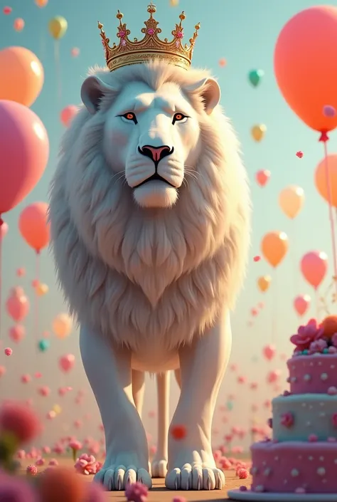 Giant white lion with his crown and around him balloons and a beautiful cake 