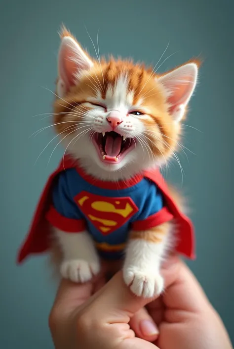 A small colorful kitten sitting on a human finger, wearing super man shirt,detailed texture, photorealistic, 8K, hyperdetailed, intricate, finely detailed, masterpiece, stunning, rambo colors, soft lighting, shallow depth of field, cat portrait, open mouth...