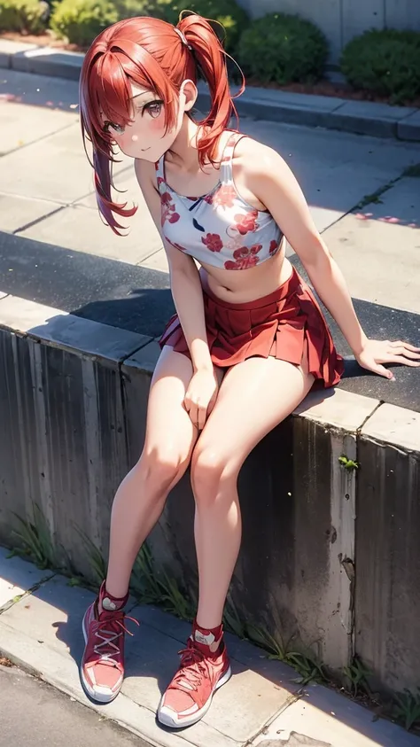 (suzu), ore no imouto ga konna ni kawaii wake ga nai, 25-yers-old girl with crimson red hair- pulled up into twin ponytails, wearing a floral crop top and mini skirt, library background,  leaning against a wall with one shoulder, legs crossed at the ankles...