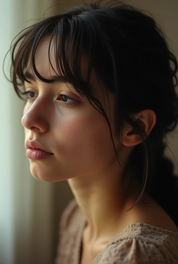 A thoughtful young adult with a contemplative expression, lost in thought, photographed in a soft, warm, and intimate lighting setup, evoking a sense of melancholy, with the subjects eyes cast downward, their eyebrows slightly furrowed, and their lips purs...