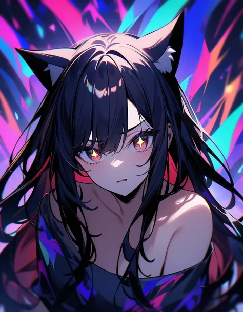 (masterpiece, best quality), ((1girl, (mature male) dark long hair), (star-shaped pupils, +_+, symbol-shaped pupils, evil looking eyes), (cat ears, close mouth)), (looking at viewer, evil expression, off shoulder), (abstract, Dark multicolored background, ...