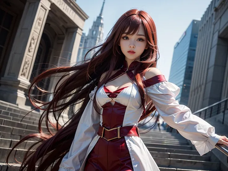 ((Best Quality))、((excellent))、(detailed)、8k、「A young woman with flowing red hair、Cosplaying as an anime character、I&#39;m walking through the city at night in the rain。Pairing a kimono-inspired top with urban accessories、They are wearing traditional costu...