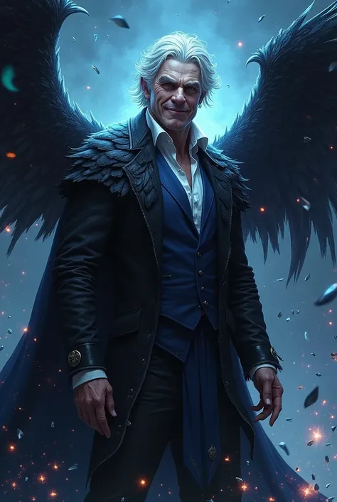 man, anime,Wings,black feathers,black blue white clothes, gray hair,night ,elegant clothes,prideful,evil smile,lordgrim, kaleidoscope broken crystals