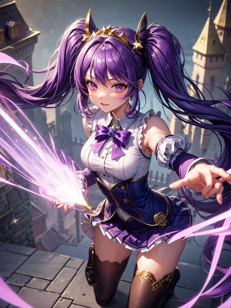 Super detailed, high detail, high quality, 1 girl, gradient purple hair, long twintails, Wearing star hair accessories, Full body photo, Magic Wand，magician，On the castle