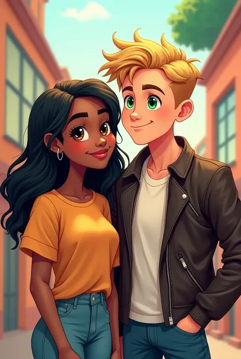 Young dark skinned black woman with medium straight black hair and next to her white blond man with green eyes wearing leather jacket smiling cartoon image adult