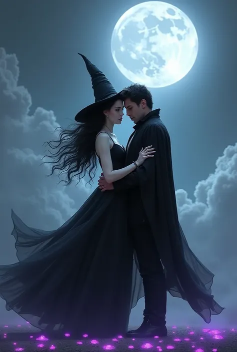 A beautiful witch in a black dress and a witch hat, she has white skin, very light brown eyes, wavy black hair, her voluminous dress and a full leather leg part next to her is a very handsome man in a vampire cape with a sensual look in the background, a p...