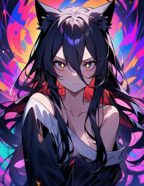 (masterpiece, best quality), ((1boy, (mature male) dark long hair), (dark star-shaped pupils, +_+, symbol-shaped pupils, evil looking eyes), (cat ears, close mouth)), (looking at viewer, evil expression, off shoulder), (abstract, Dark multicolored backgrou...