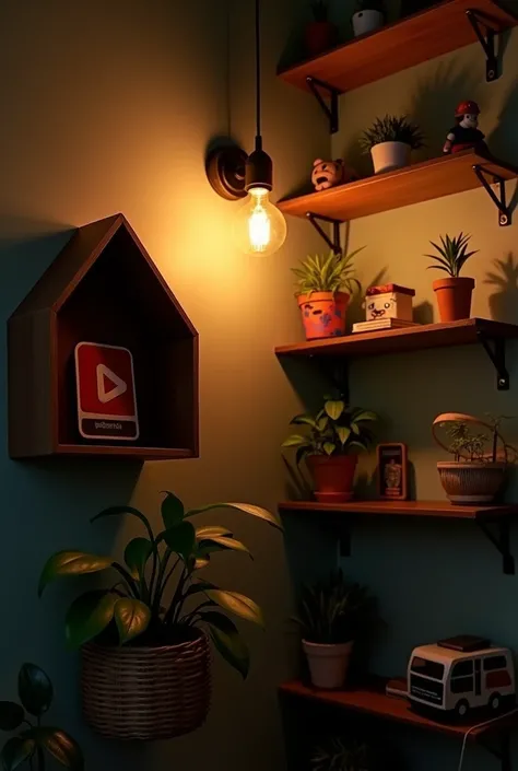 "A cozy and dimly lit room with dark green walls. On the left side, there is a house-shaped shelf featuring a YouTube play button award, and below it is a potted plant with large green leaves in a woven basket. On the right side, there are four wall-mounte...