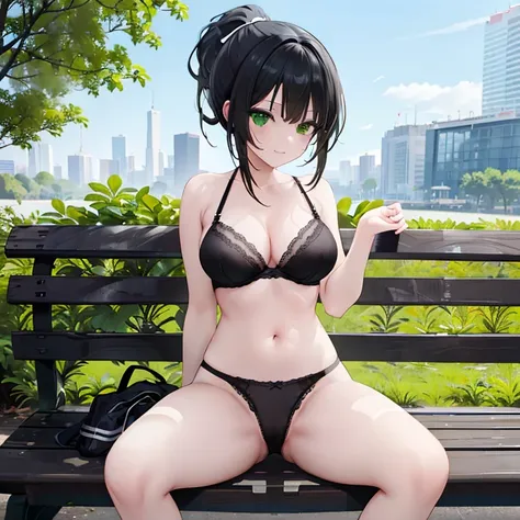 one girl, alone, black hair, green eyes, ponytail, smile, in the park, sitting on a bench, underwear only, black lace trim bra, ...