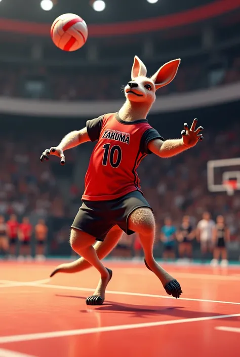 AN ELEGANT KANGAROO ATTACKING WHILE PLAYING FLOOR VOLLEYBALL WITH A RED AND BLACK T-SHIRT WITH THE NAME OF CLUB DEPORTIVO TARUMA WITH THE NUMBER 10