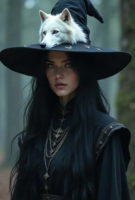 Beautiful Witch with long black hair and a hat with a white wolf 