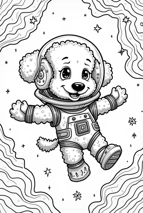 Coloring page of a cute poodle dog dressed as an astronaut and floating in space with a galaxy around it in the style of the boobie goods book
