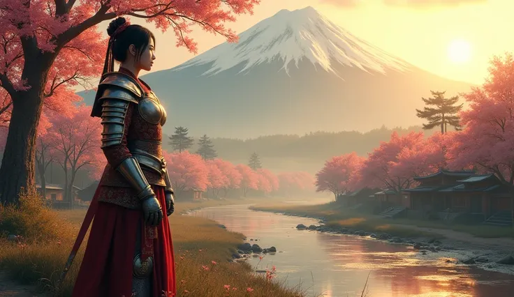 In the shadow of Mount Fuji, the sun rose over a quiet valley, casting golden light across the cherry blossom trees that lined the dirt roads of a small village. A river shimmered beside it, its gentle hum a song of peace. Amidst this serene beauty, a lone...