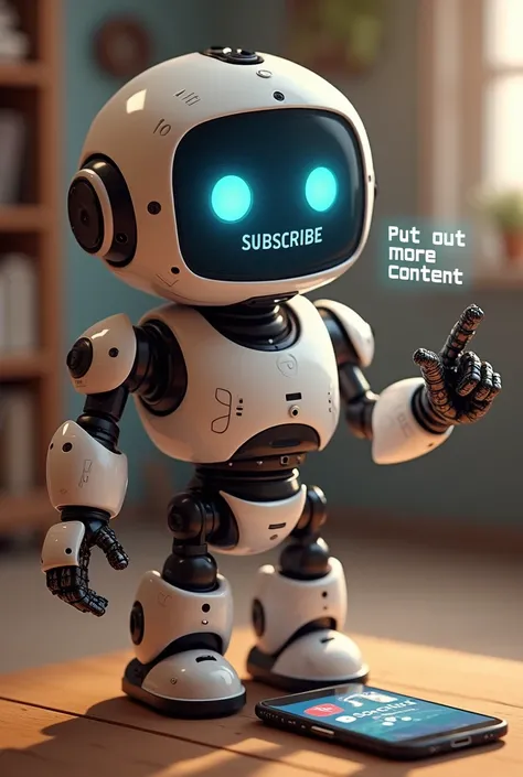 Amical robot has a digital screen for a face, which influences visual expression. full body, The robot taps on the phone where the YOUTUBE interface is visible., pointing to the button(  SUBCRIBE )with encouraging messages like &#39;put out more content&#3...