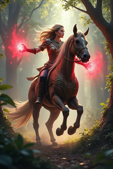 Female centaur in battle garb red aura from hands background forest