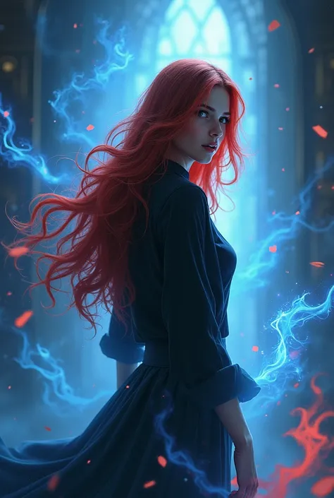 A woman turns to look at the side, there is magic, the background is magic around her, there is red or blue magic to make her look more, there is a background that looks like a magic room, to see her turn to the other side, she has long red hair, wears a b...