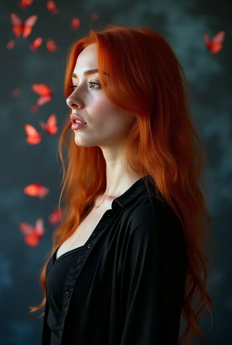 A woman turns to look at the side, there is magic, the background is magic around her, there is red or blue magic to make her look more, there is a background that looks like a magic room, to see her turn to the other side, she has long red hair, wears a b...