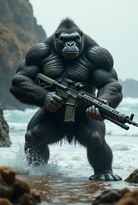 Make a marine merge with a gorilla, with a rifle , strong high 