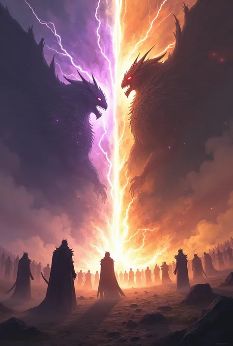 ((best quality)), ((masterpiece)), ((detailed)), ((high definition)), a war between gods, divided into two sides darkness VS light, In anime style. The dark gods on the right side and the light gods on the left side. epic fight, Colorful magic, from imposi...