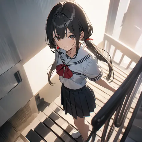 High resolution, 8k, best quality, masterpiece, ultra detailed, anatomically correct, anime,
1 girl, standing on stairs,
She has very long low twintails with red ribbon, very long low pigtails, black hair, dark brown eye,
light smile,
BREAK
(white serafuku...