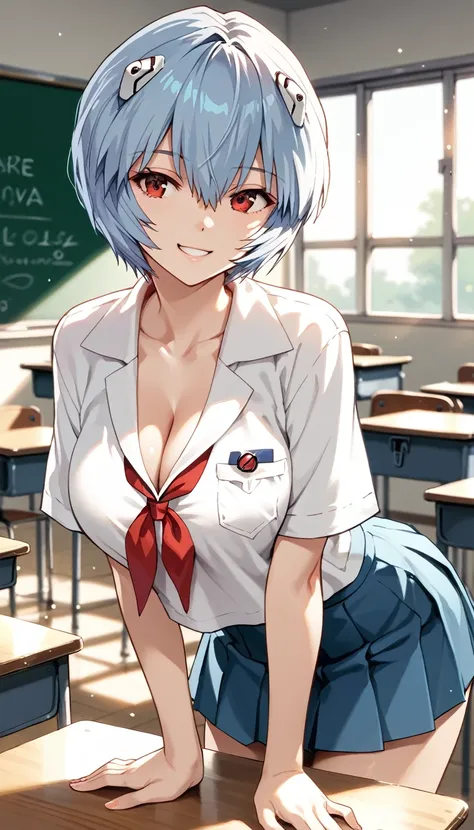 rating_safe, score_9, score_8_up, score_7_up, source_anime, masterpiece, best quality, solo, 1girl, (Rei Ayanami from Evanlgelion, wearing Evangelion school uniforms), (she stands with leaning forward, large breasts, cleavage, smile), classroom, 