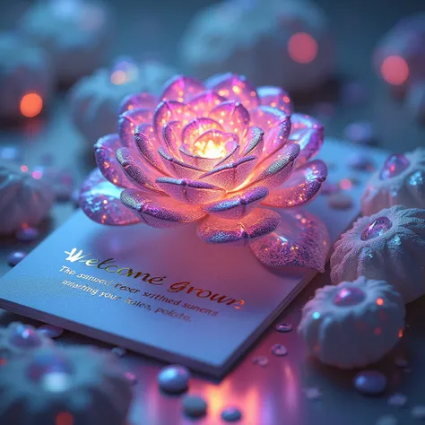 Can you help me make an image that will be a printed company card? The main picture will be of a shiny diamond-rose with a Welcom Z , N , K quote below. It will be holographic with shiny-dazzling pinks, purples and blues.best photo