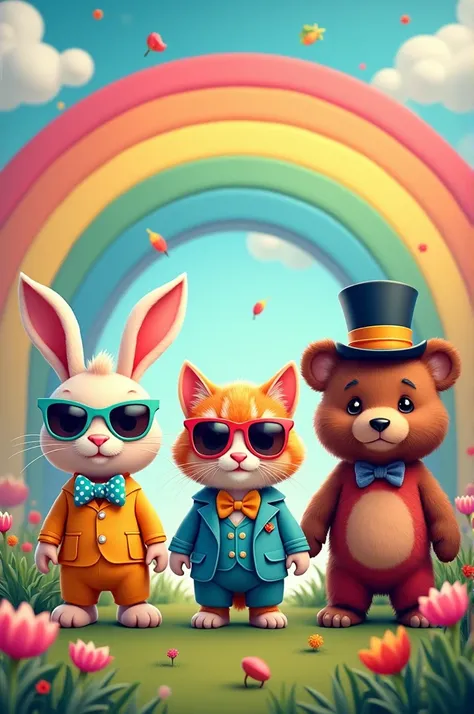 A vibrant design with lots of cute animals (like a rabbit, a cat and a bear) dressed in a fun way and using accessories, surrounded by a rainbow.