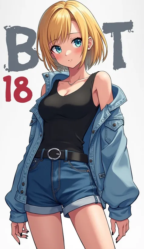 whole body, ((masterpiece, Best quality, Highest image quality, high resolution, Reality, Original photo, 8k)), Woman with short blond hair and black top, Denim Mini Skirt, Robot 18, Anime Girl, (She is wearing a short skirt, A long-sleeved shirt, and a sl...