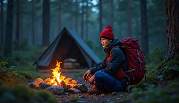 A handsome Indonesian man named Yudis with straight hair, wearing a red beanie, a plain black winter jacket, blue hiking pants, and carrying a large red hiking backpack. Yudi is sitting near the fire at the dark night in the tropical pine forest, backgroun...