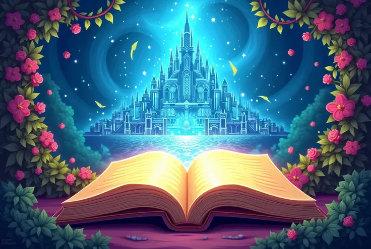 Bright cartoon style. Front view of open magic tome. Wide blueprint of epic fantasy city emerges from glowing empty pages. Surrounded with swirling vortex of leaves and rosy vines.