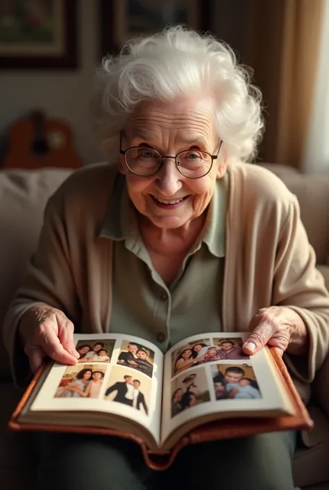 Grandma opening the album of happy moments 