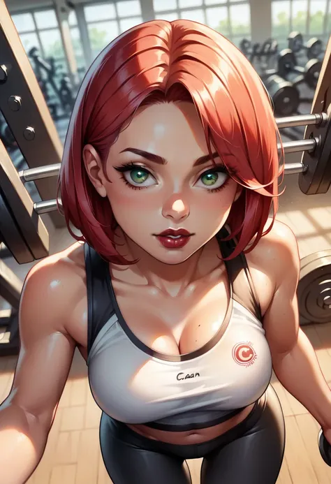 (high-level image quality), (high quality), (high resolution), (detailed), (masterpiece), beautiful young woman, ((caucasian)), green eyes, red hair, medium bob, dark red lipstick, leggings, gym, from above