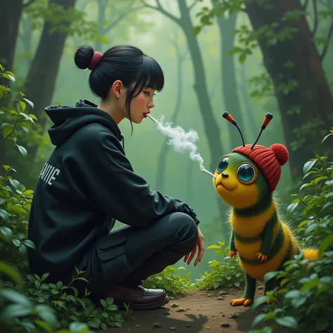 Photorealistic cinematic acrylic painting of 3D illustration of caterpillar character and beautiful Korean woman with smooth white skin, perfectly groomed face, hair tied up in a bun with Korean style bangs,wearing a black hoodie with the name Santi on it,...