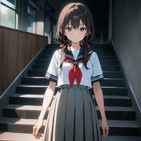 High resolution, 8k, best quality, masterpiece, ultra detailed, anatomically correct, anime,
1 girl, standing on stairs,
She has very long low twintails with red ribbon, very long low pigtails, black hair, dark brown eye,
light smile,
BREAK
(white serafuku...