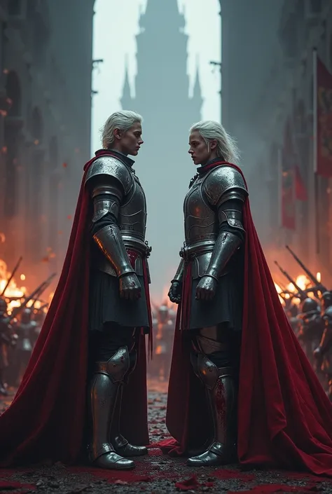 Twin princes men with backs and stained with blood in front of a war of white hair and blue eyes. In silver armor in a dark castle. realistic