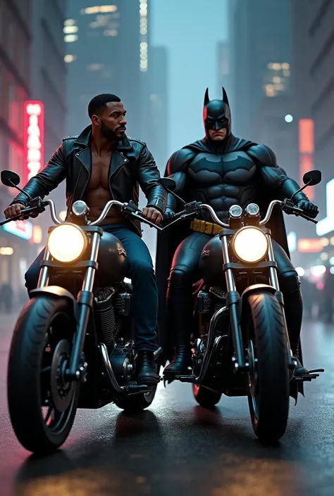 Make a black man and Batman on a motorcycle 