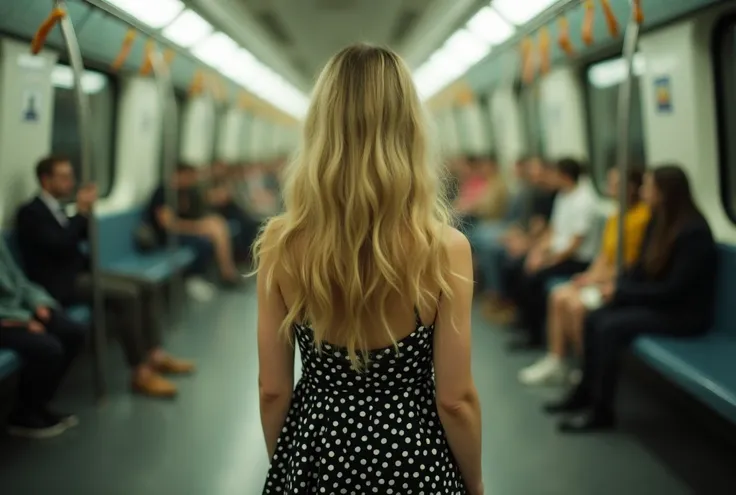 Pinhole style photo, girl with long blonde hair in polka dot dress, subway background, train rides, blurred face, romantic mood, dynamic background, dreamy soft focus with infinite depth of field, with vignetting and strong distortion v 6.0