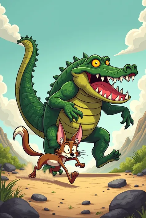 Weak coyote running from giant alligator. cartoon