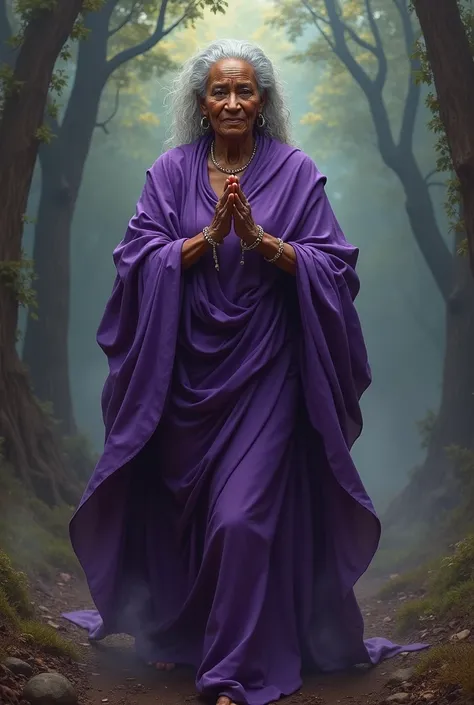 woman, black, elderly, with the body bent by time and old age. beautiful, striking, mother of all orishas. Purple robes. 